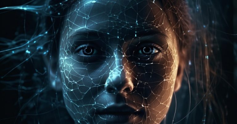 Glowing mesh over a face, physiognomy done by AI
